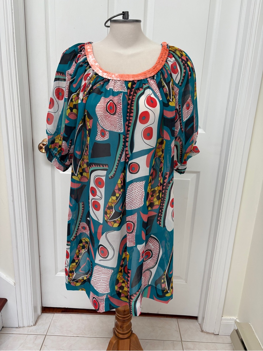 French Connection Teal Multicolor Abstract Midi Dress ladies small